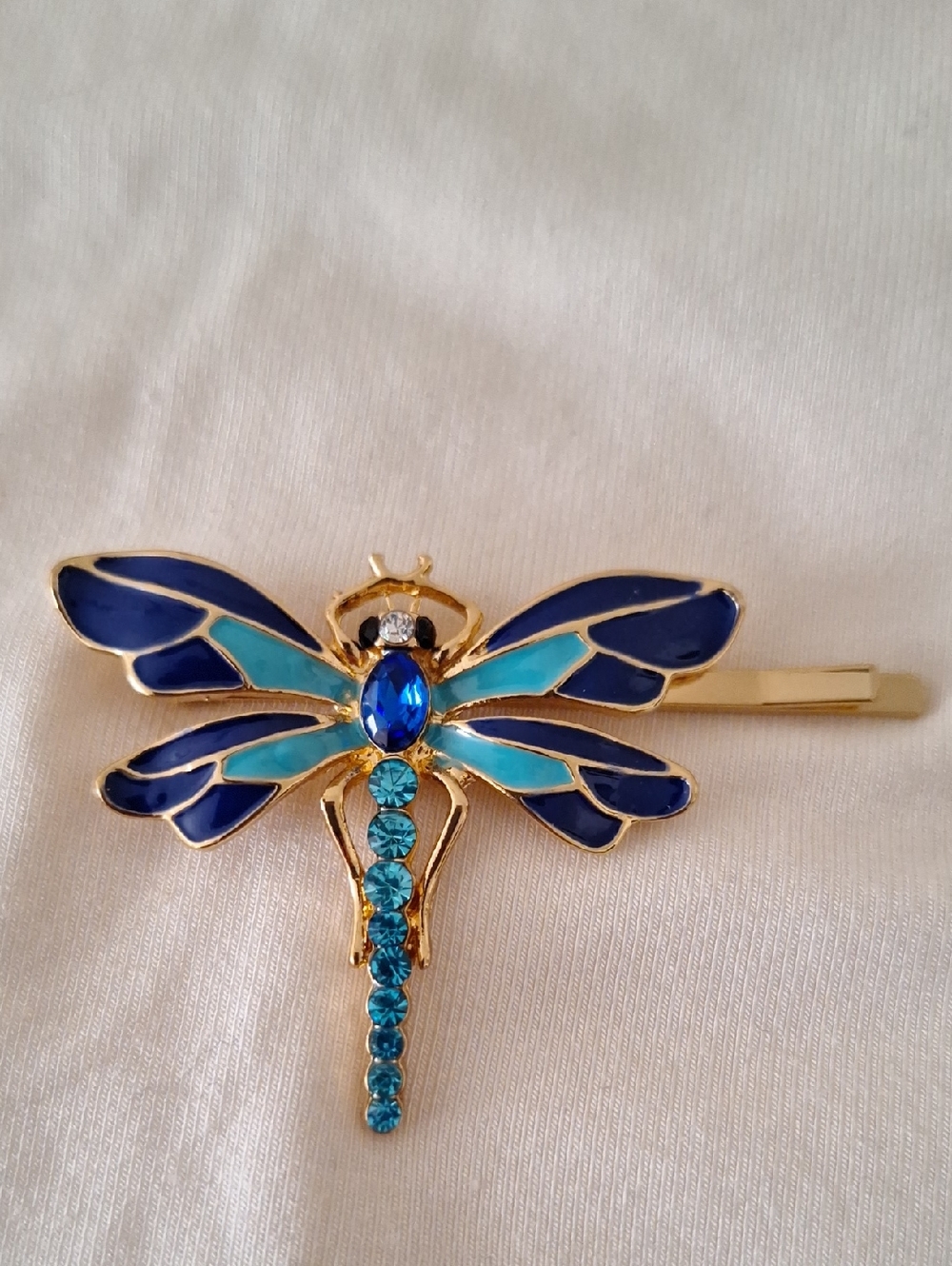 Gold Dragonfly Hair Pin in Blue and Aqua Enamel